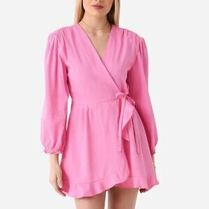 REVOLVE Deluc Gemini Wrap Dress Linen Blend Ruffle Puff Long Sleeve Mini, Pink
